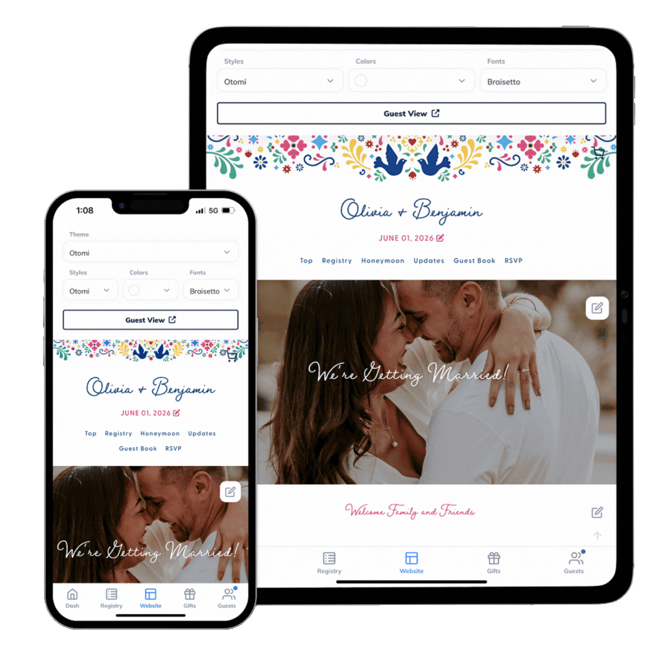 A smartphone and a tablet showing Honeyfund couple's website